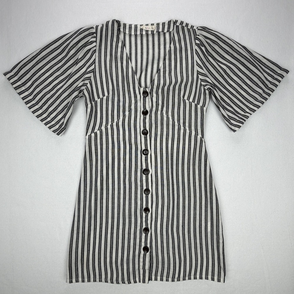 Milli Bon Womens Black White Striped Cotton Button Front Mini Dress Size M